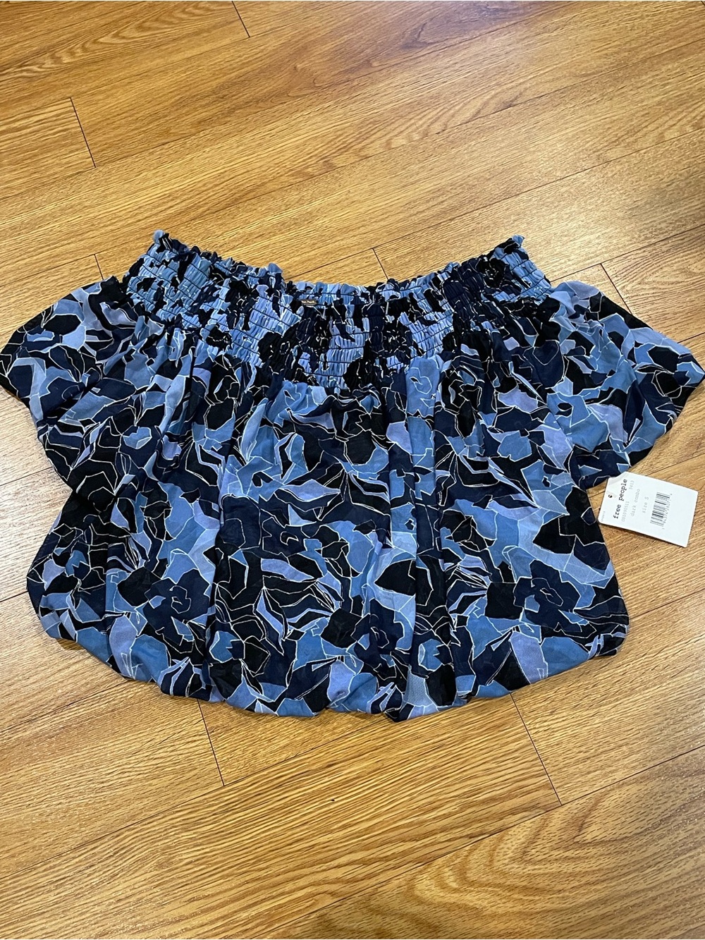 Free People Technicolor Bubble Top Blues Size S Off-Shoulder Peasant BOHO NWT